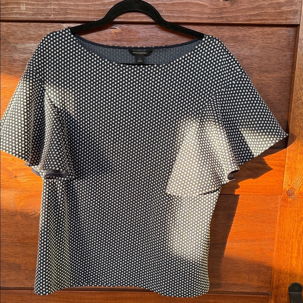 Banana Republic Navy Blue and White Polka Dot Flutter Sleeve Women's Top size L